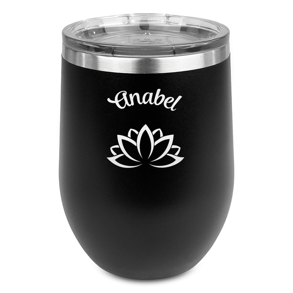 Custom Lotus Flower Stemless Stainless Steel Wine Tumbler - Black - Double Sided (Personalized)