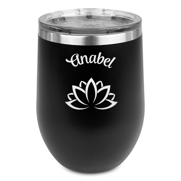 Custom Lotus Flower Stemless Stainless Steel Wine Tumbler - Black - Single Sided (Personalized)