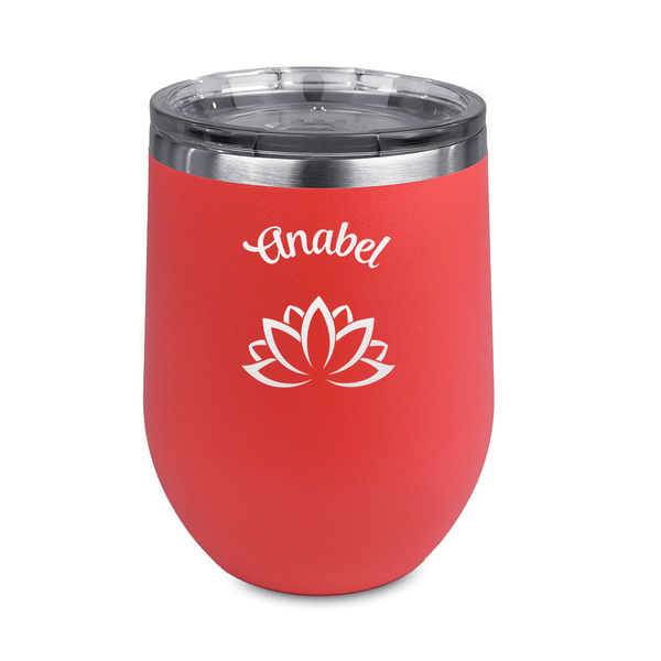 Custom Lotus Flower Stemless Stainless Steel Wine Tumbler - Coral - Double Sided (Personalized)