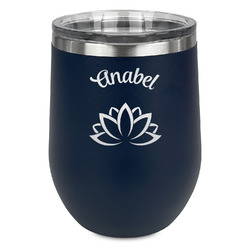 Lotus Flower Stemless Stainless Steel Wine Tumbler - Navy - Double Sided (Personalized)