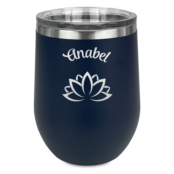 Custom Lotus Flower Stemless Stainless Steel Wine Tumbler - Navy - Double Sided (Personalized)