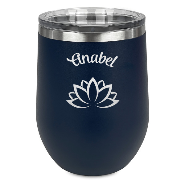 Lotus Flower Stainless Wine Tumblers - Navy - Single Sided - Front