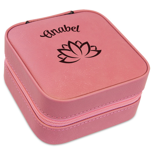 Custom Lotus Flower Travel Jewelry Boxes - Pink Leather (Personalized)