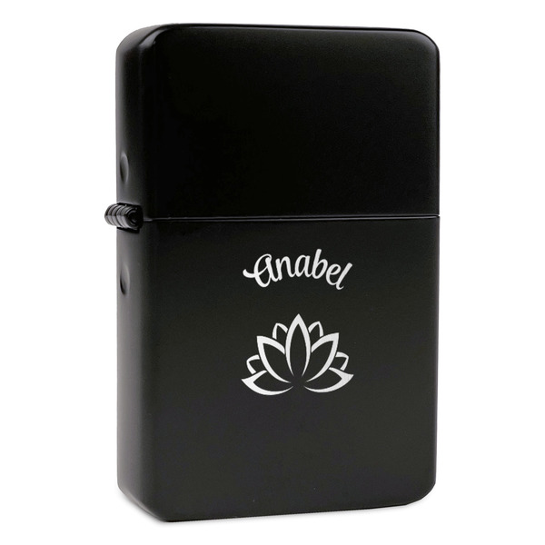 Custom Lotus Flower Windproof Lighter - Black - Double Sided & Lid Engraved (Personalized)