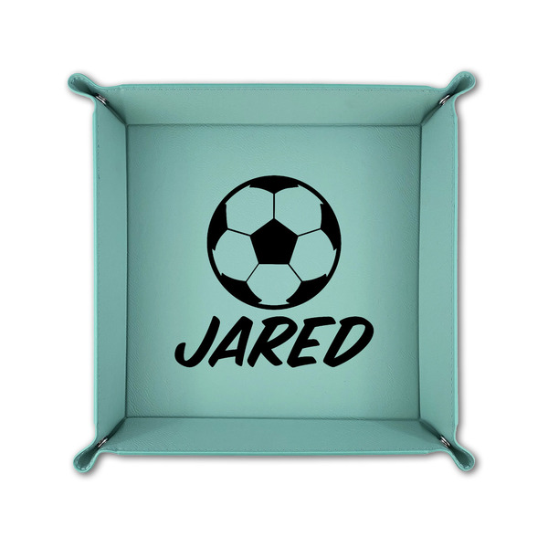 Soccer 6" x 6" Teal Leatherette Snap Up Tray - FOLDED UP