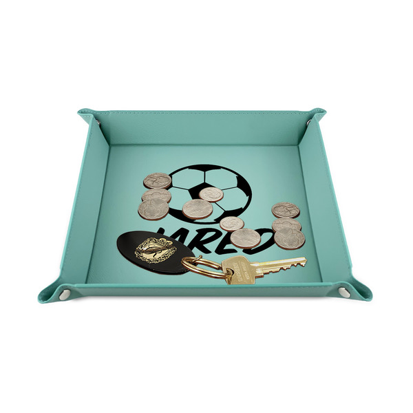 Soccer 6" x 6" Teal Leatherette Snap Up Tray - STYLED