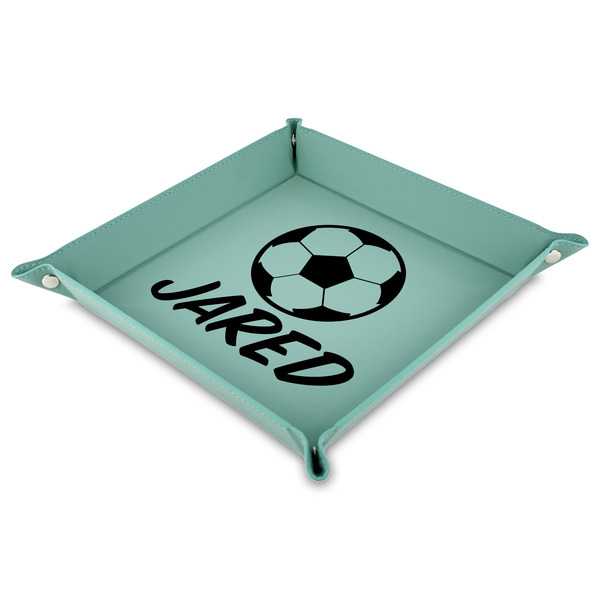 Custom Soccer 9" x 9" Teal Faux Leather Valet Tray (Personalized)