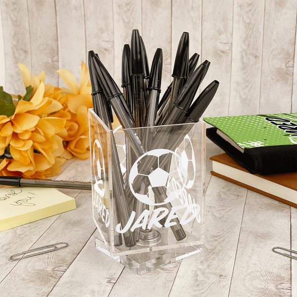 Soccer Acrylic Pencil Holder - IN CONTEXT