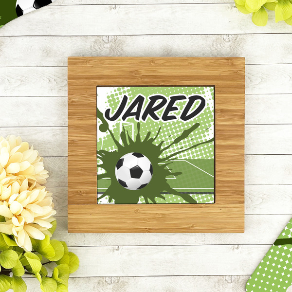 Soccer Bamboo Trivet with 6" Tile - LIFESTYLE