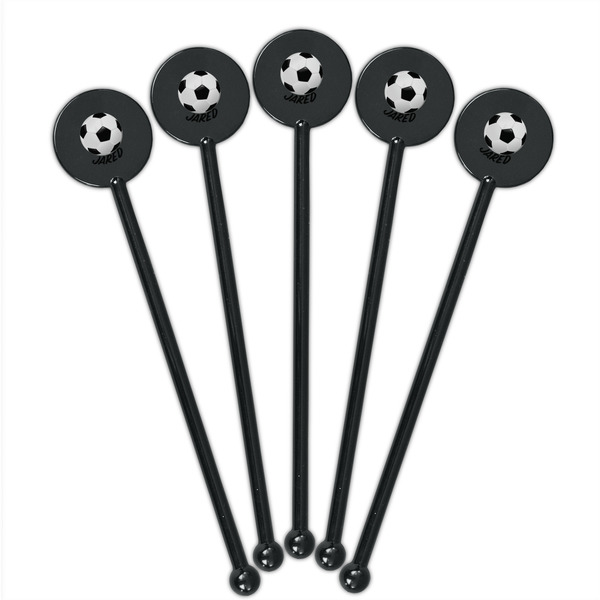 Soccer Black Plastic 5.5" Stir Stick - Round - Fan View