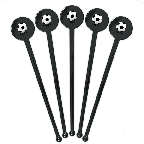 Soccer Black Plastic 7" Stir Stick - Round - Fan View