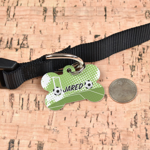 Soccer Bone Shaped Dog ID Tag - Large - In Context