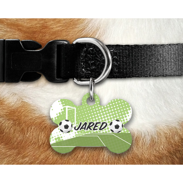 Soccer Bone Shaped Dog Tag on Collar & Dog
