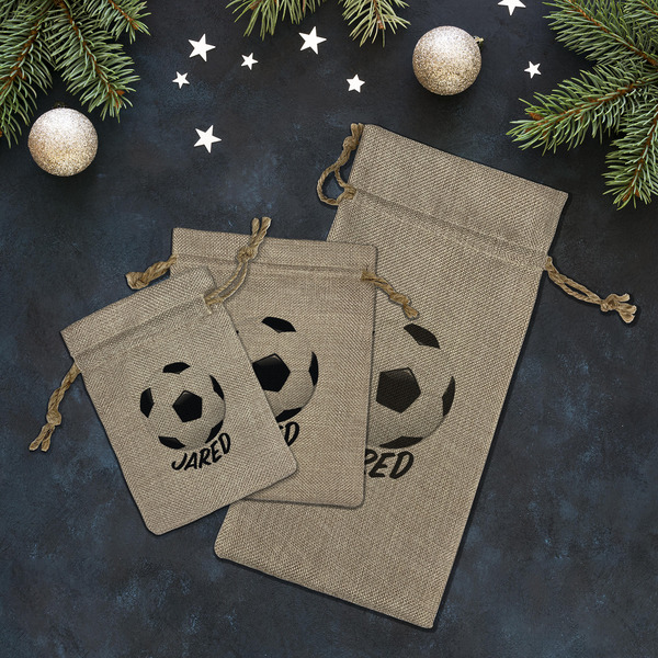 Soccer Burlap Gift Bags - LIFESTYLE (Flat lay)