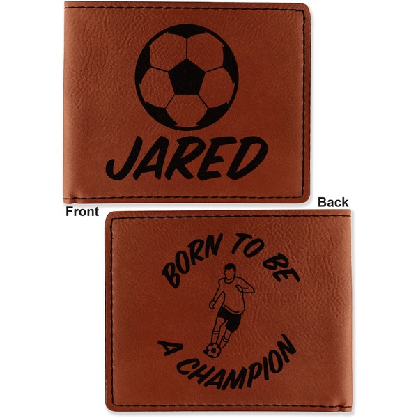 Soccer Cognac Leatherette Bifold Wallets - Front and Back
