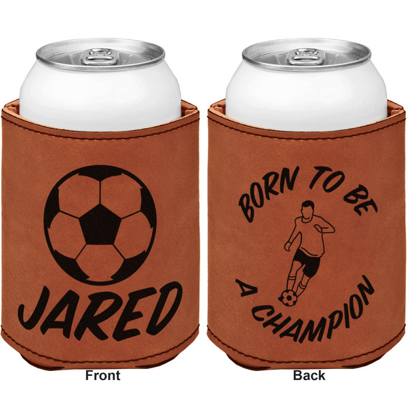 Soccer Cognac Leatherette Can Sleeve - Double Sided Front and Back
