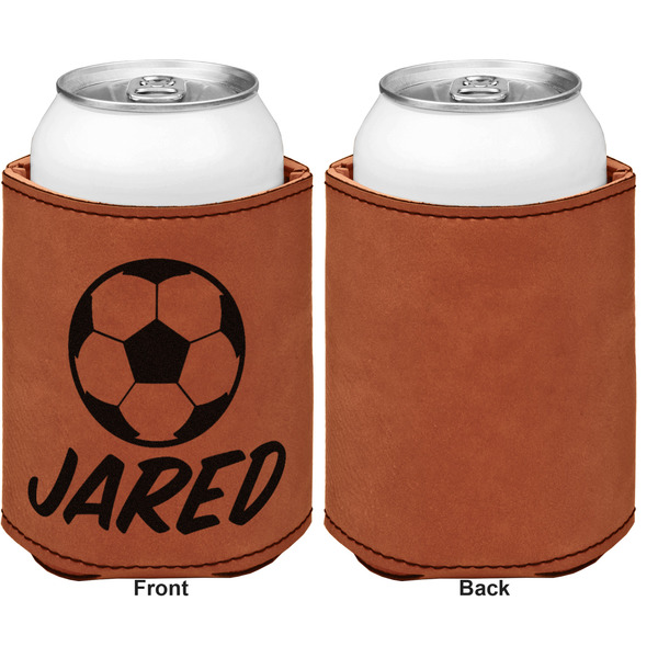 Soccer Cognac Leatherette Can Sleeve - Single Sided Front and Back
