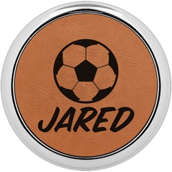 Soccer Leatherette Round Coaster w/ Silver Edge (Personalized)
