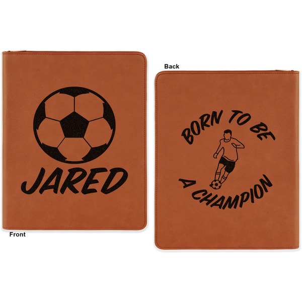 Soccer Cognac Leatherette Zipper Portfolios with Notepad - Double Sided - Apvl