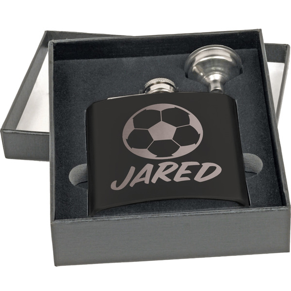 Soccer Engraved Black Flask Gift Set