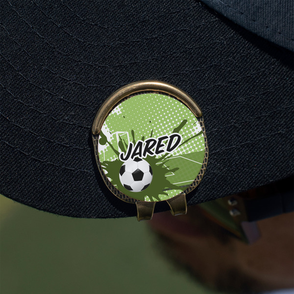 Soccer Golf Ball Marker Hat Clip - Gold - On Hat