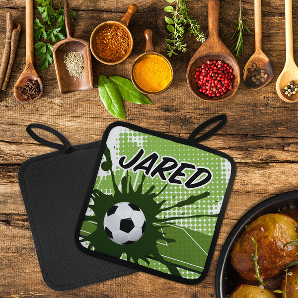 Soccer Neoprene Pot Holder - Set of 2  LIFESTYLE (Flatlay)