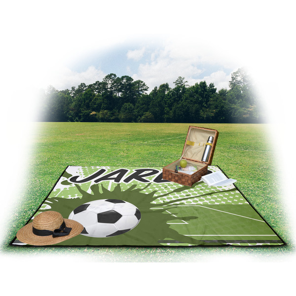 Soccer Picnic Blanket - with Basket Hat and Book - in Use