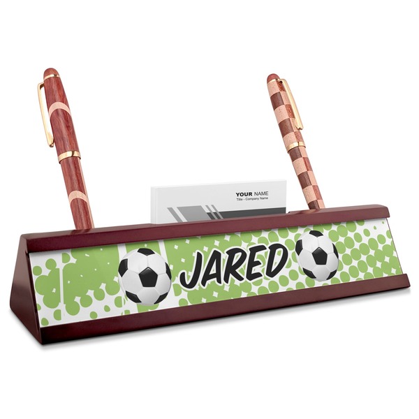 Custom Soccer Red Mahogany Nameplate with Business Card Holder (Personalized)