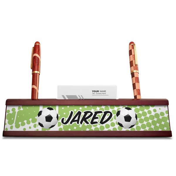 Soccer Red Mahogany Nameplates with Business Card Holder - Straight