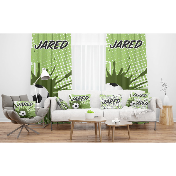 Soccer Sheer and Custom Curtains in Room with Matching Pillows