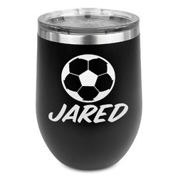 Soccer Stemless Stainless Steel Wine Tumbler - Black - Double Sided (Personalized)