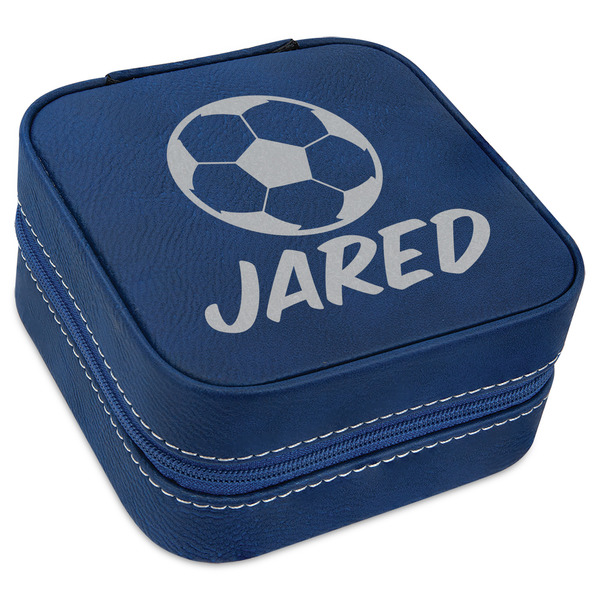 Custom Soccer Travel Jewelry Box - Navy Blue Leather (Personalized)