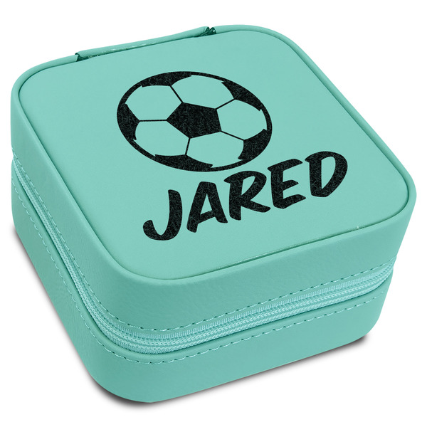 Custom Soccer Travel Jewelry Box - Teal Leather (Personalized)