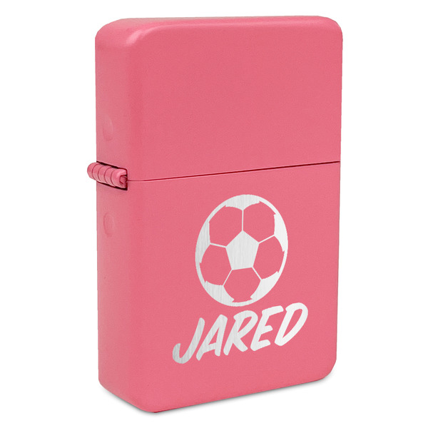 Custom Soccer Windproof Lighter - Pink - Single Sided & Lid Engraved (Personalized)