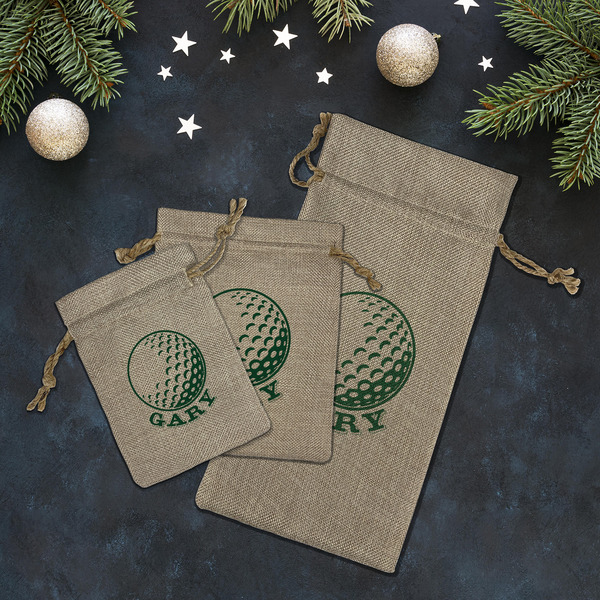 Golf Burlap Gift Bags - LIFESTYLE (Flat lay)