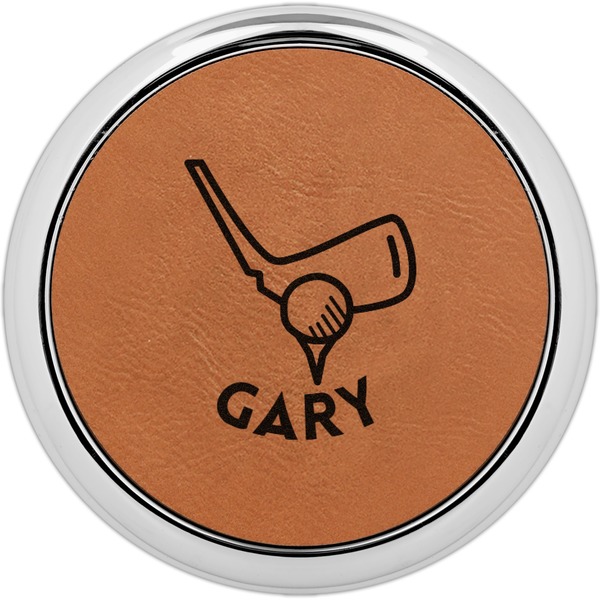 Custom Golf Leatherette Round Coaster w/ Silver Edge (Personalized)