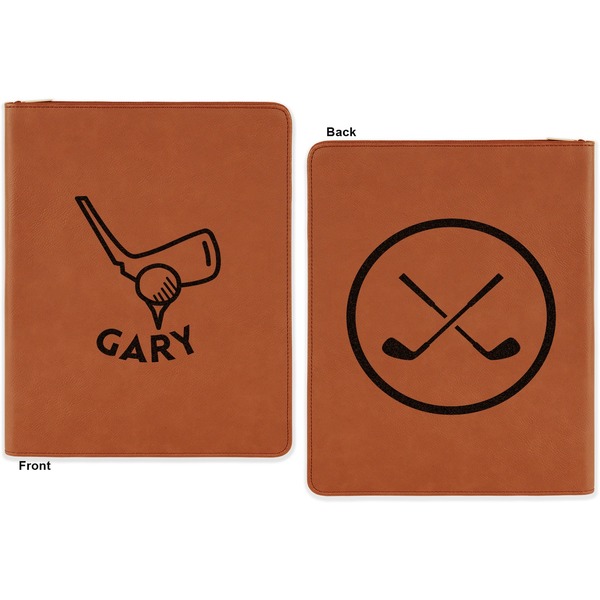 Golf Cognac Leatherette Zipper Portfolios with Notepad - Double Sided - Apvl