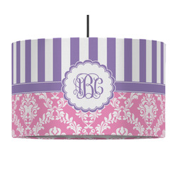 Pink & Purple Damask 12" Drum Pendant Lamp - Fabric (Personalized)