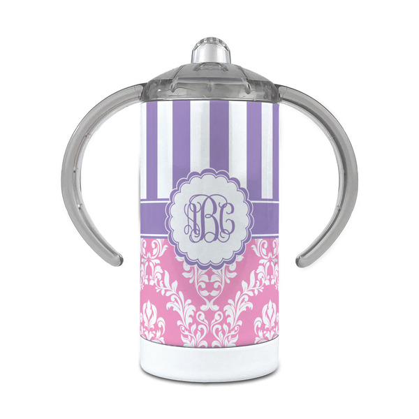 Custom Pink & Purple Damask 12 oz Stainless Steel Sippy Cup (Personalized)