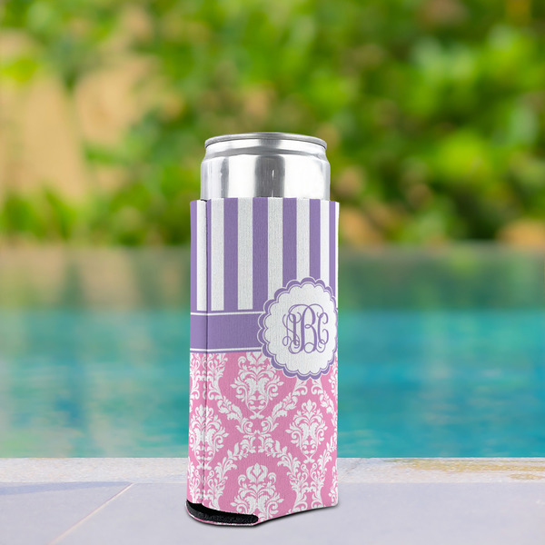 Pink & Purple Damask Can Cooler - Tall 12oz - In Context