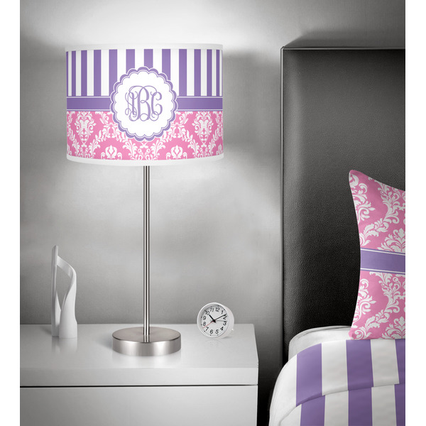 Pink & Purple Damask 13 inch drum lamp shade - in room