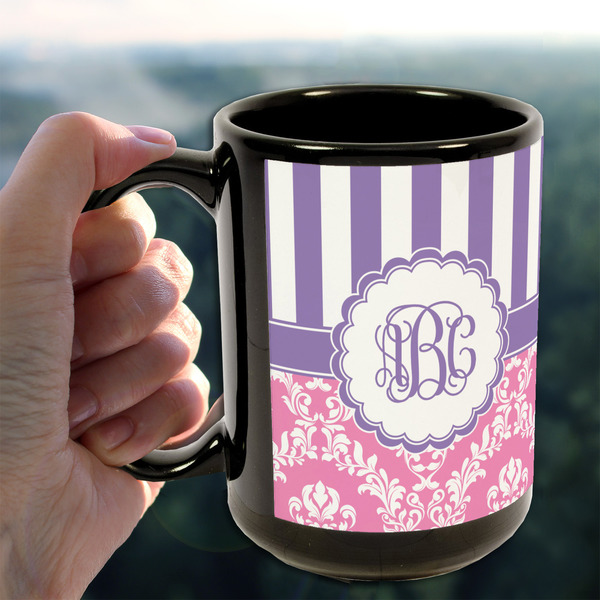 Pink & Purple Damask 15oz. Black Mug - LIFESTYLE