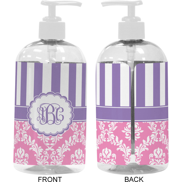 Pink & Purple Damask 16 oz Plastic Liquid Dispenser- Approval- White