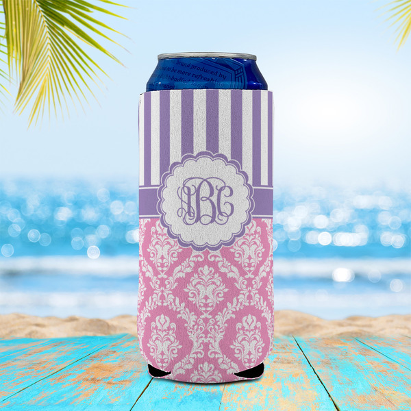 Pink & Purple Damask 16oz Can Sleeve - LIFESTYLE