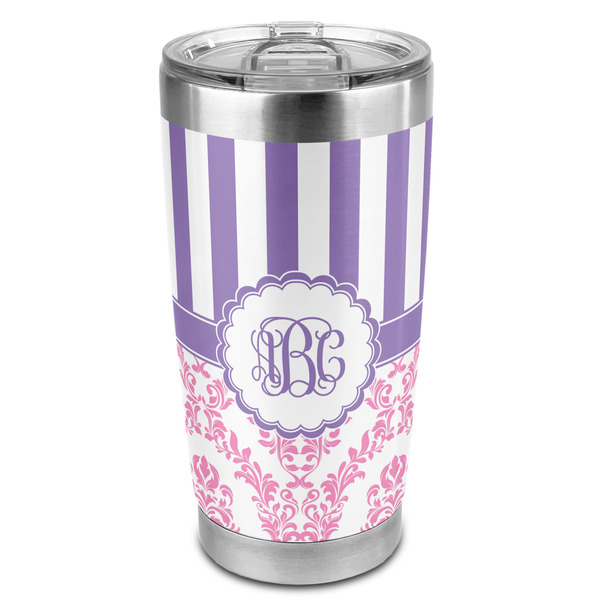 Custom Pink & Purple Damask 20oz Stainless Steel Double Wall Tumbler - Full Print (Personalized)