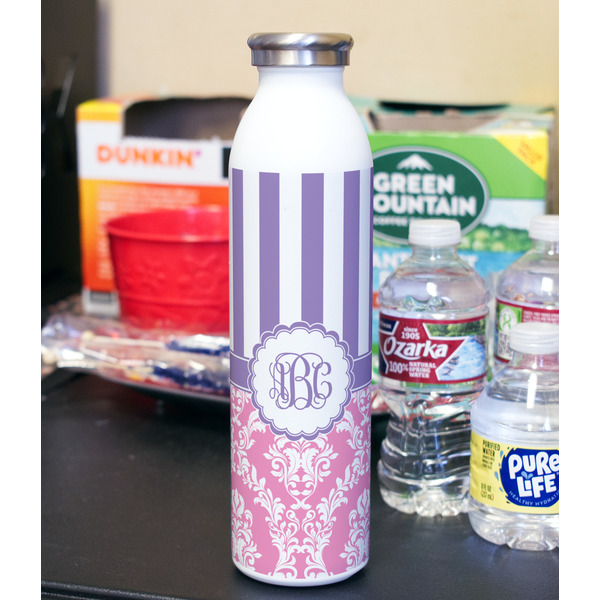 Pink & Purple Damask 20oz Water Bottles - Full Print - In Context