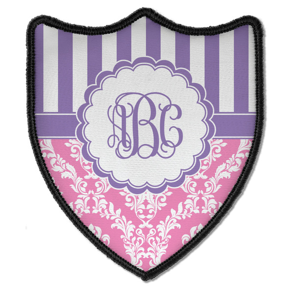 Custom Pink & Purple Damask Iron On Shield Patch B w/ Monogram