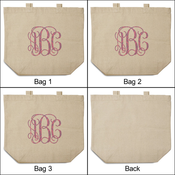 Pink & Purple Damask 3 Reusable Cotton Grocery Bags - Front & Back View