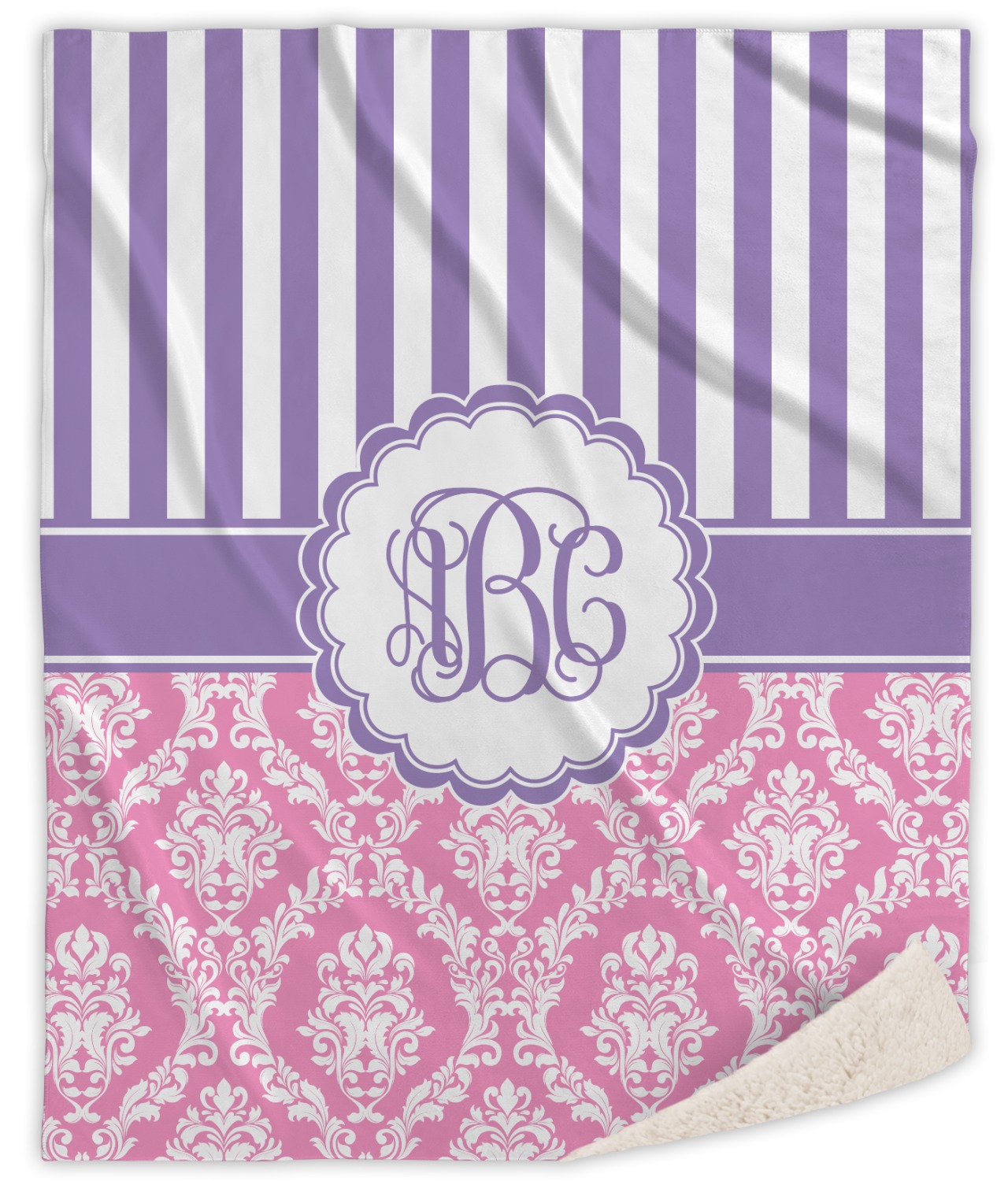 Custom Pink & Purple Damask Sherpa Throw Blanket (Personalized