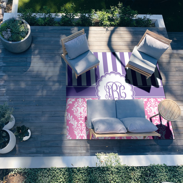 Pink & Purple Damask 8'x10' Patio Rug - In context